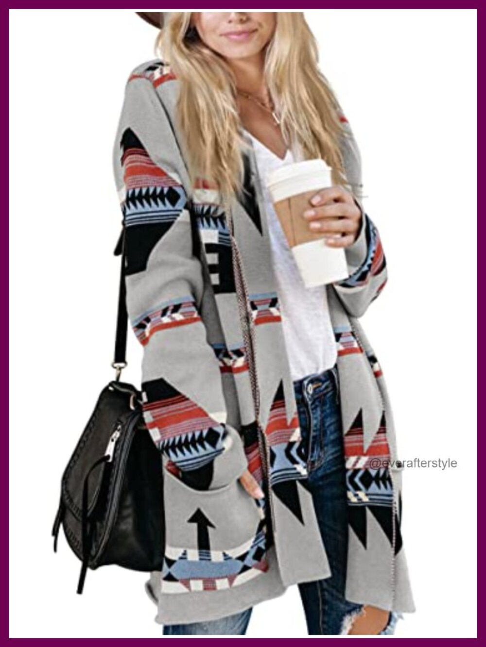 Boho Aztec Open Front Long Sleeve Shawl Collar Knit Cardigan Sweater Coat